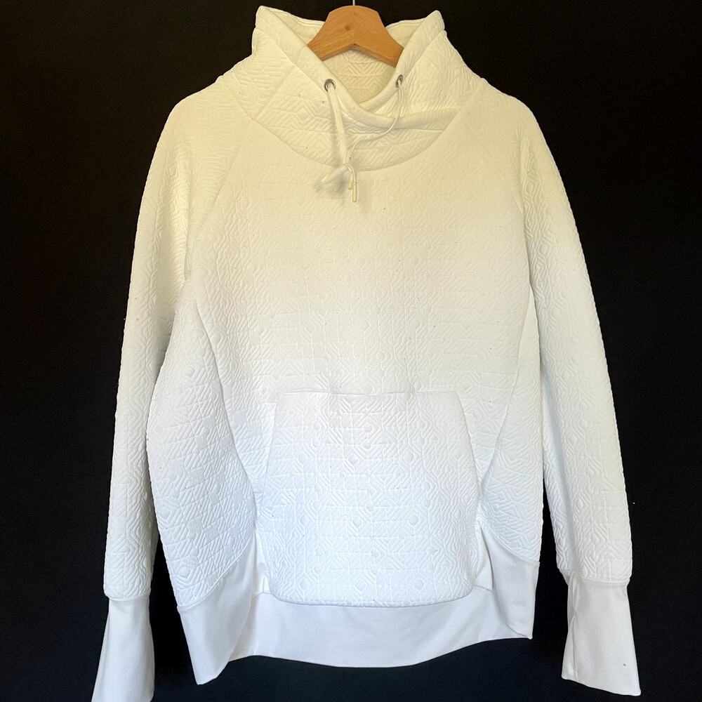Athleta white quilted pattern cowl‎ neck sweater kangaroo pocket women's L